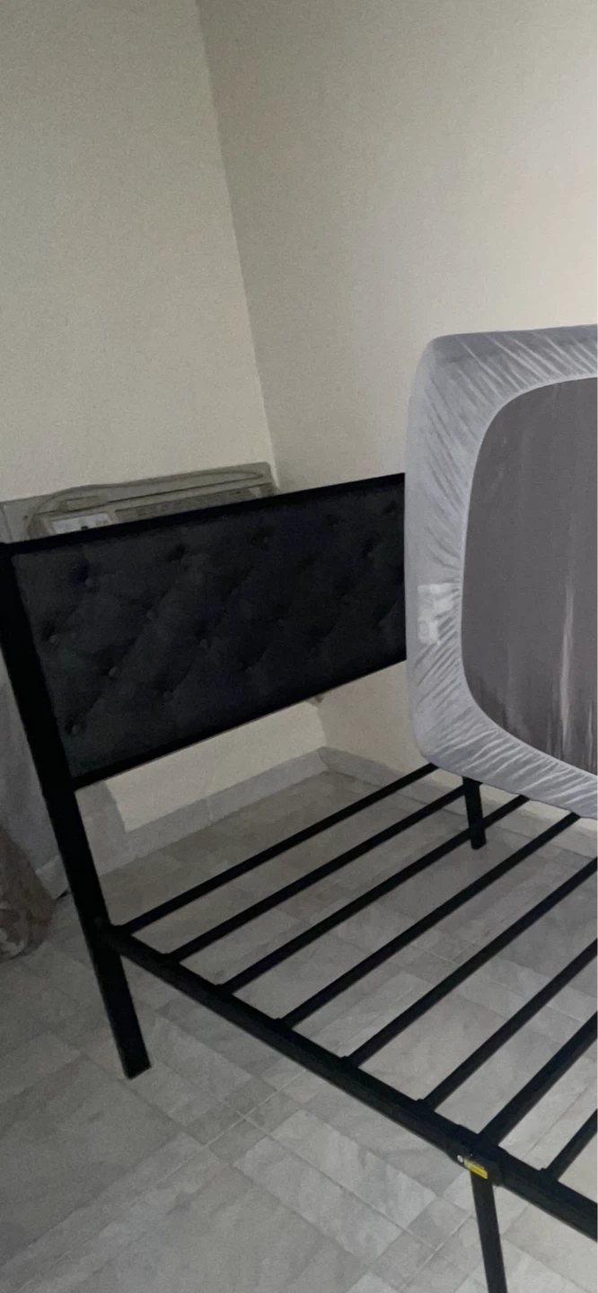 Black Metal Bed Frame with Upholstered Headboard - photo 3