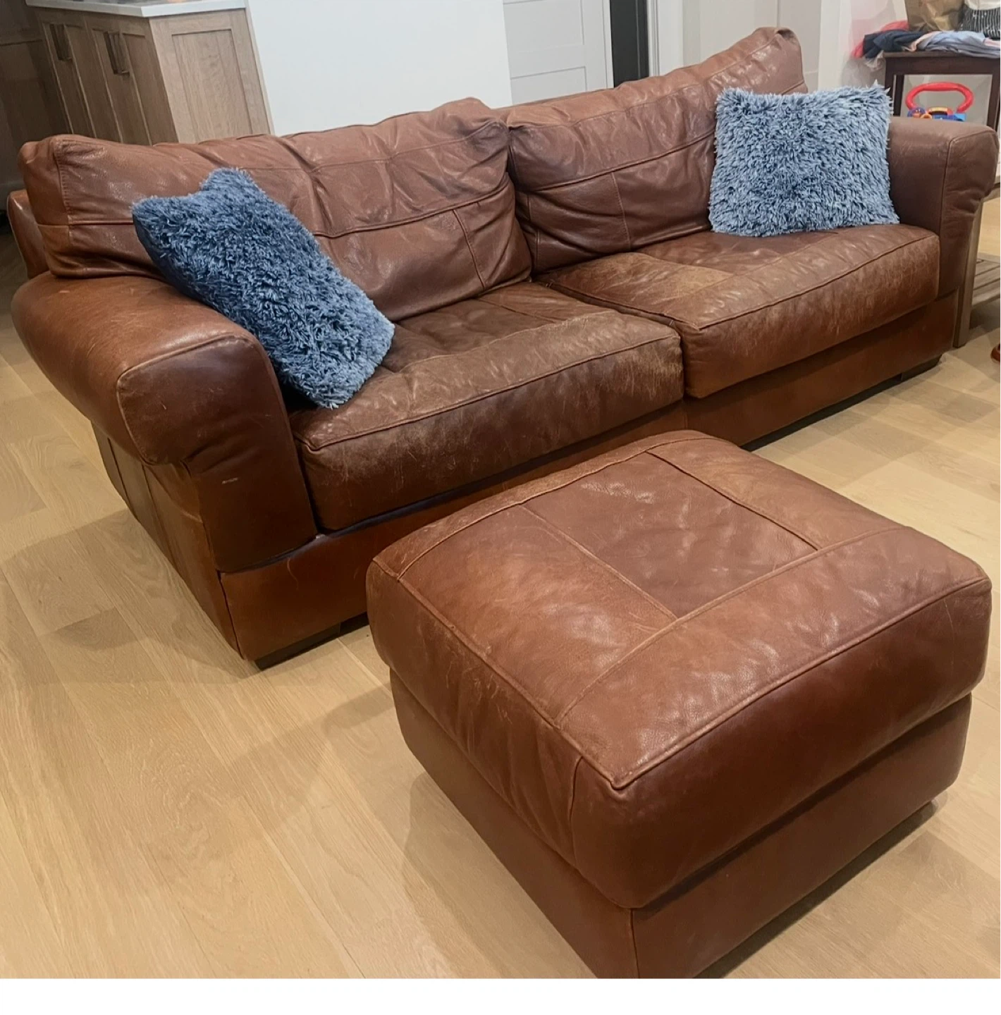 Brown Leather Sofa with Ottoman