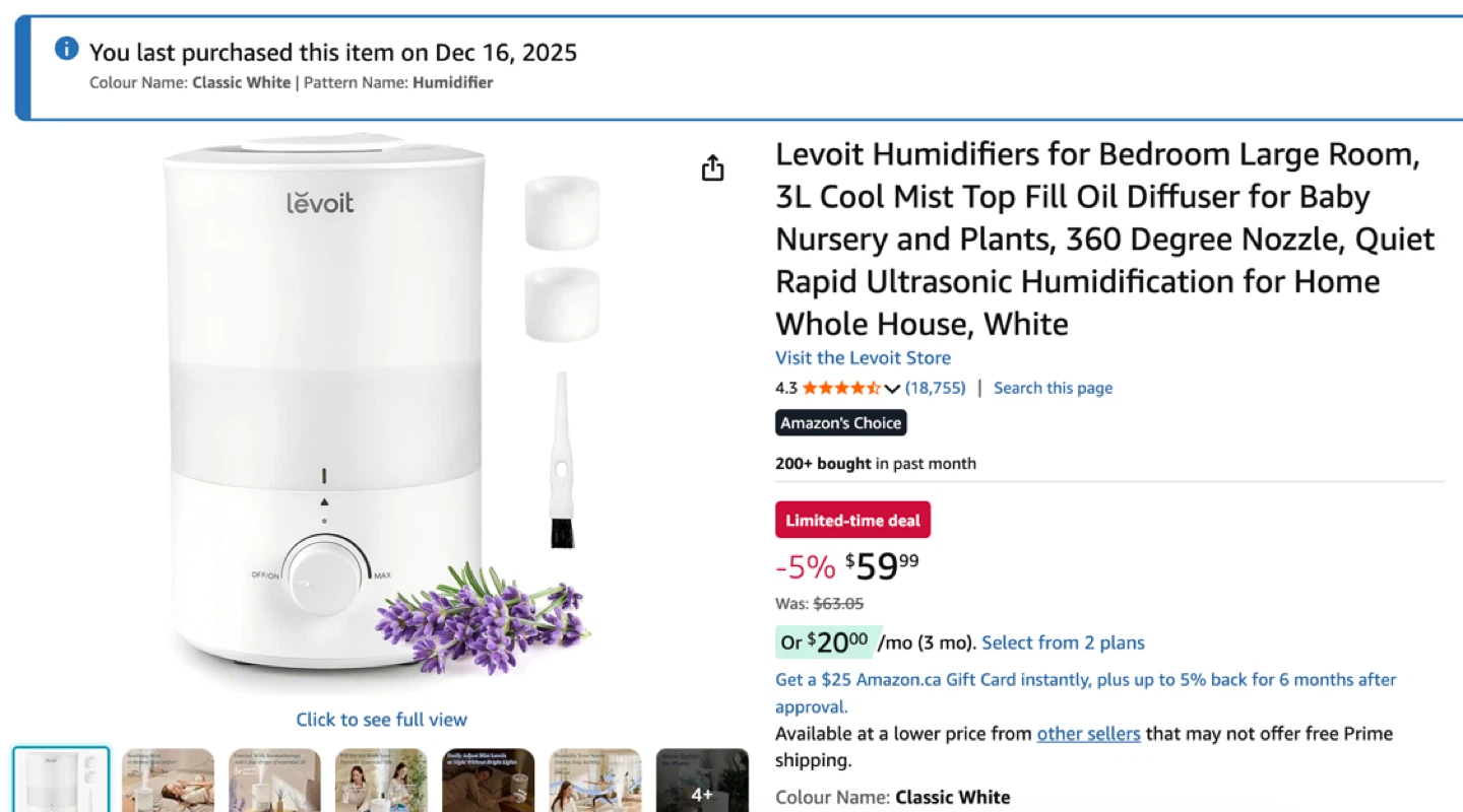 Levoit 3L Cool Mist Humidifier - Classic White