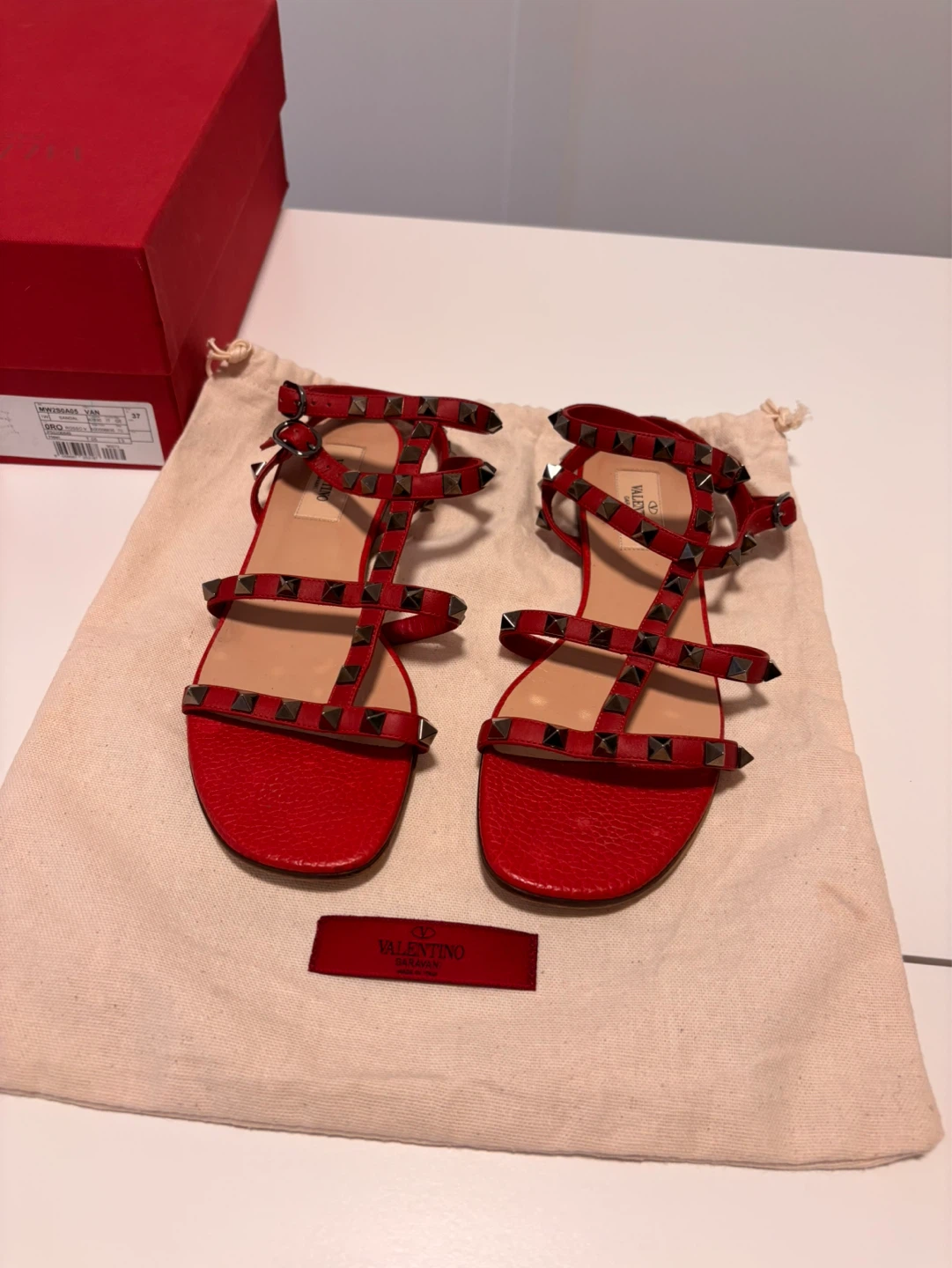 Valentino Rockstud Sandals Red Leather Size 37