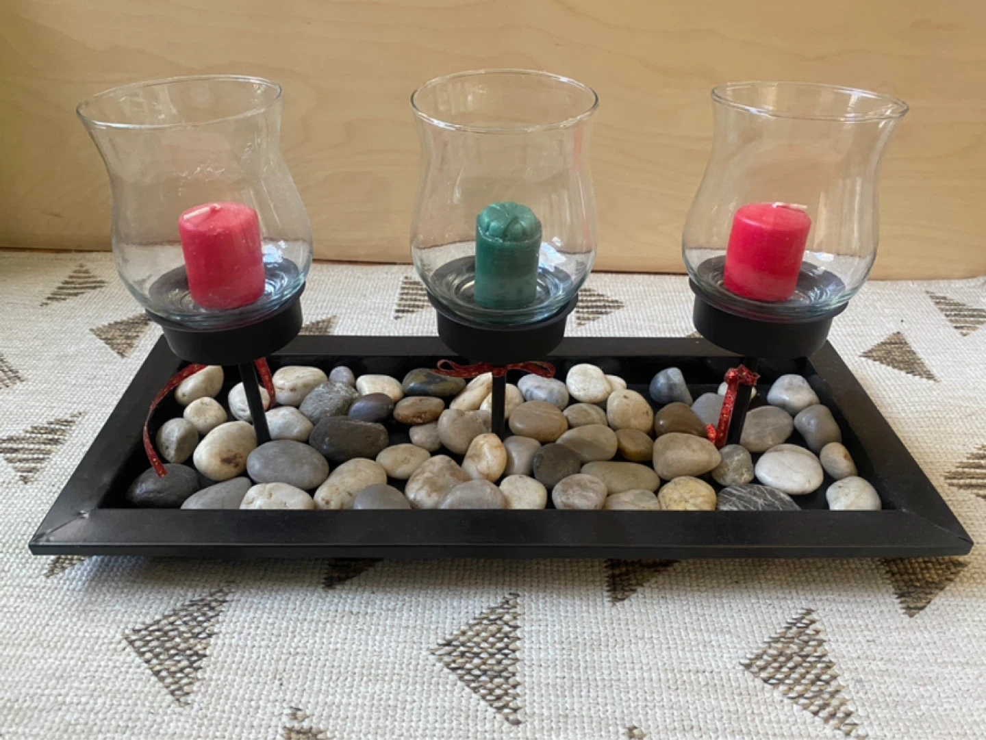 3-Candle Holder Tray with Stones