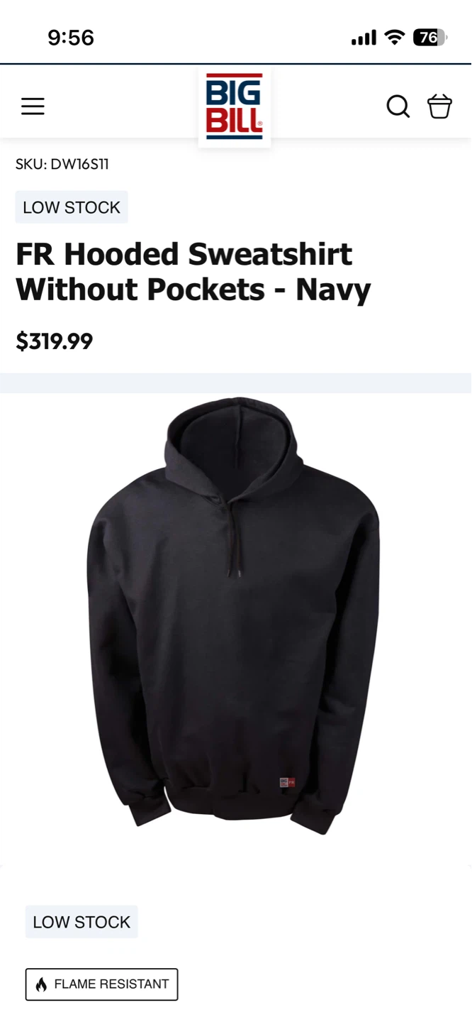 Brand New Big Bill Flame Resistant Large Hoodie