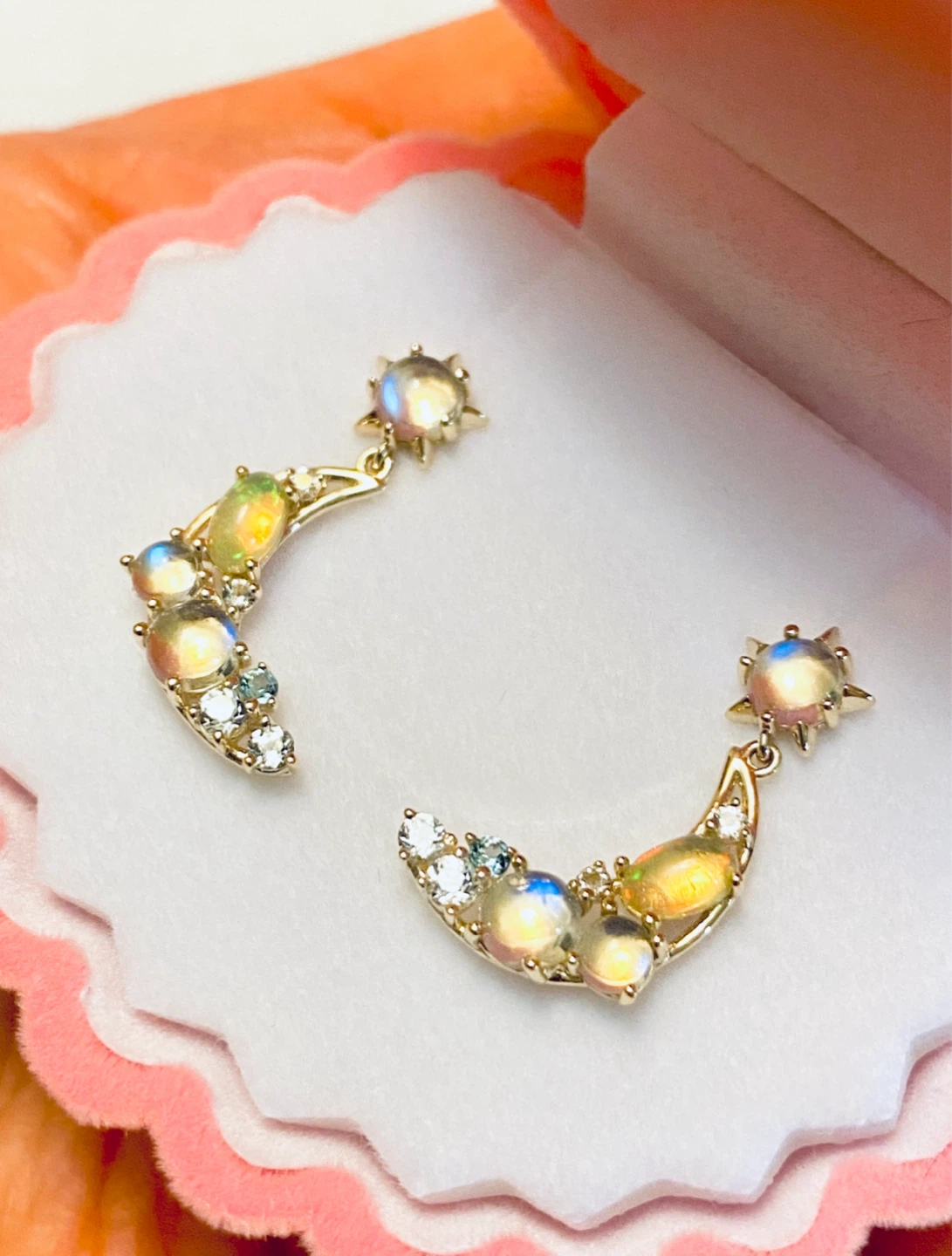 14 K Gold Moonstone & Diamond & Opal Earrings
