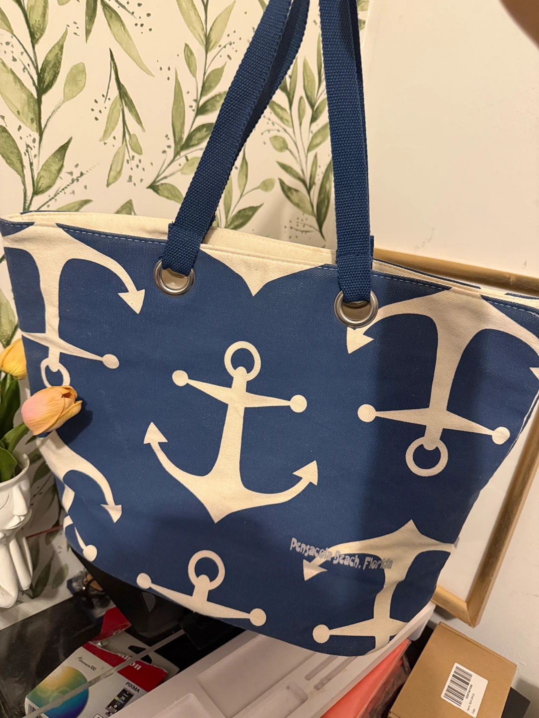 Blue Anchor Print Tote Bag