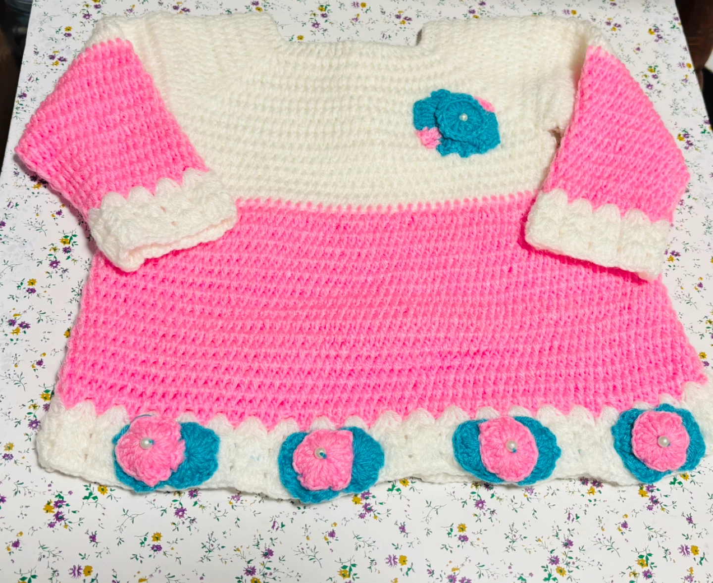 Handmade Crochet Baby Dress Pink White