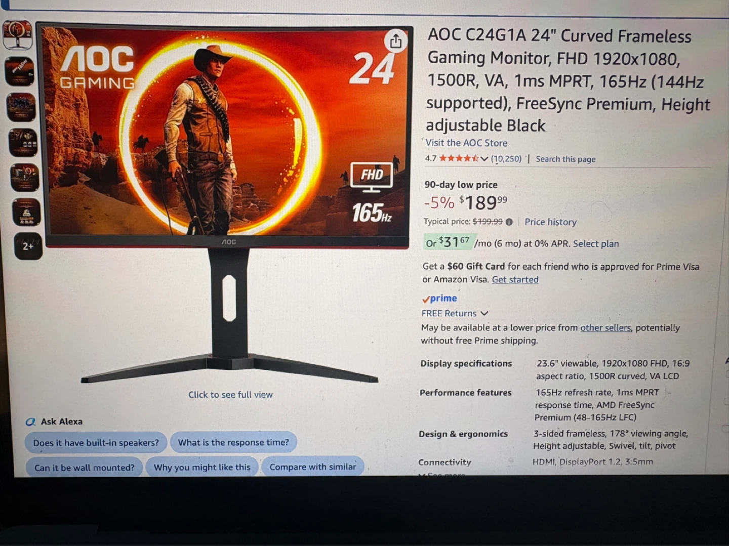 AOC C24G1A 24" Curved Frameless Gaming Monitor