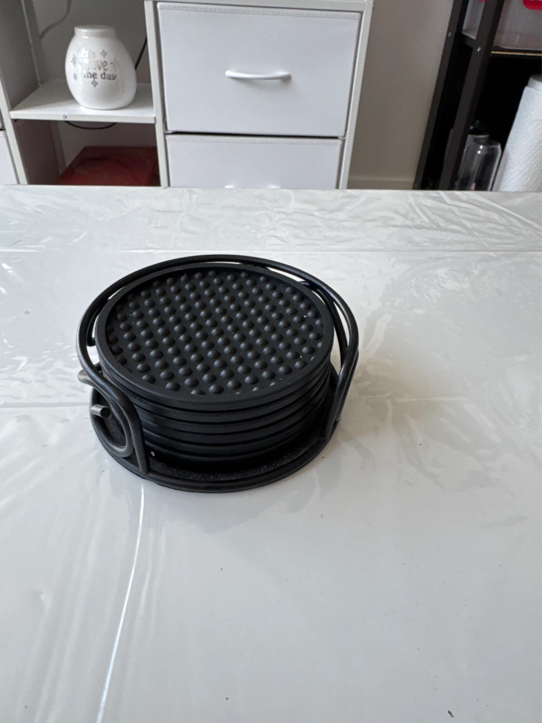 Set of 6 Black Coasters with Holder