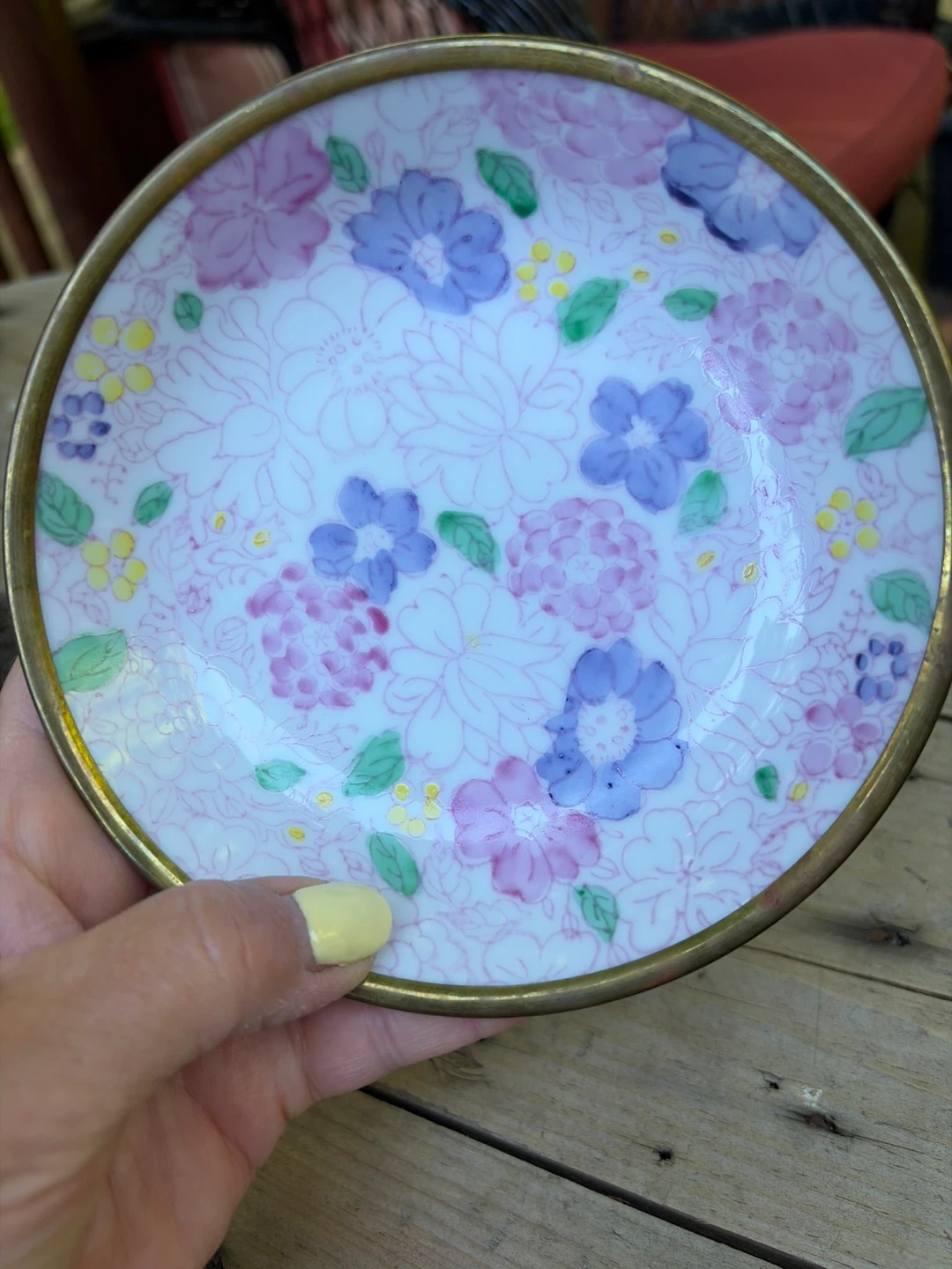 Hand Painted Floral Dish - Brass and Porcelain - photo 5