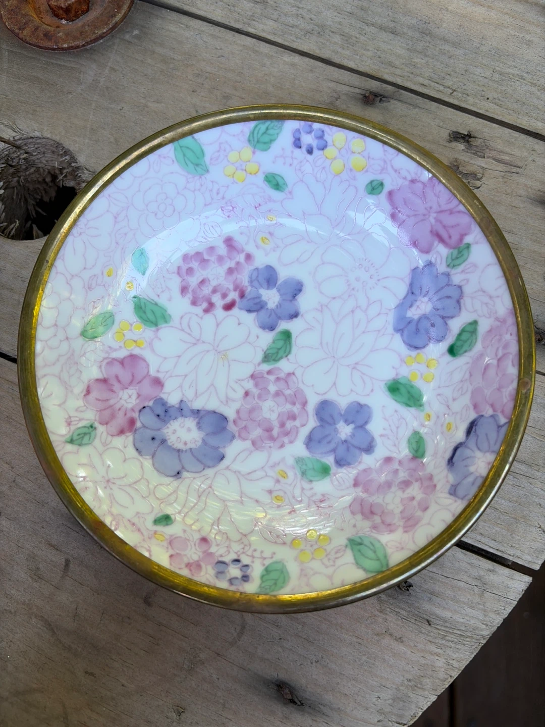 Hand Painted Floral Dish - Brass and Porcelain - photo 2