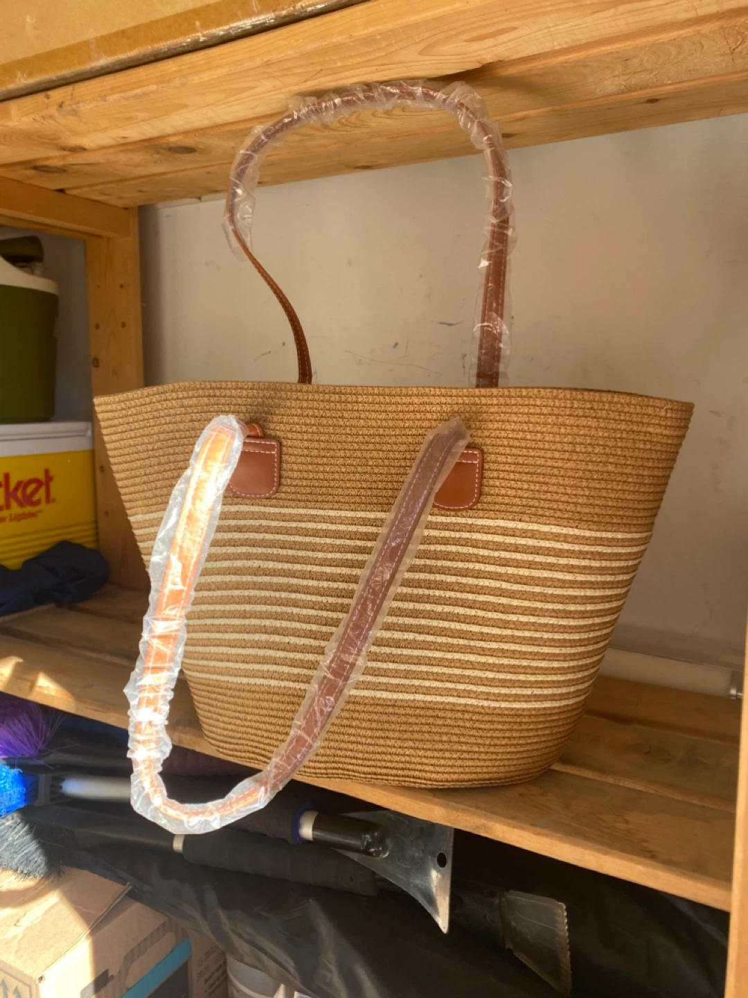 Straw Tote Bag with Faux Leather Handles