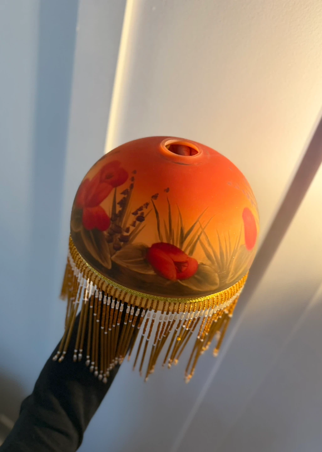 Vintage hand-painted glass lamp shade with beaded fringe