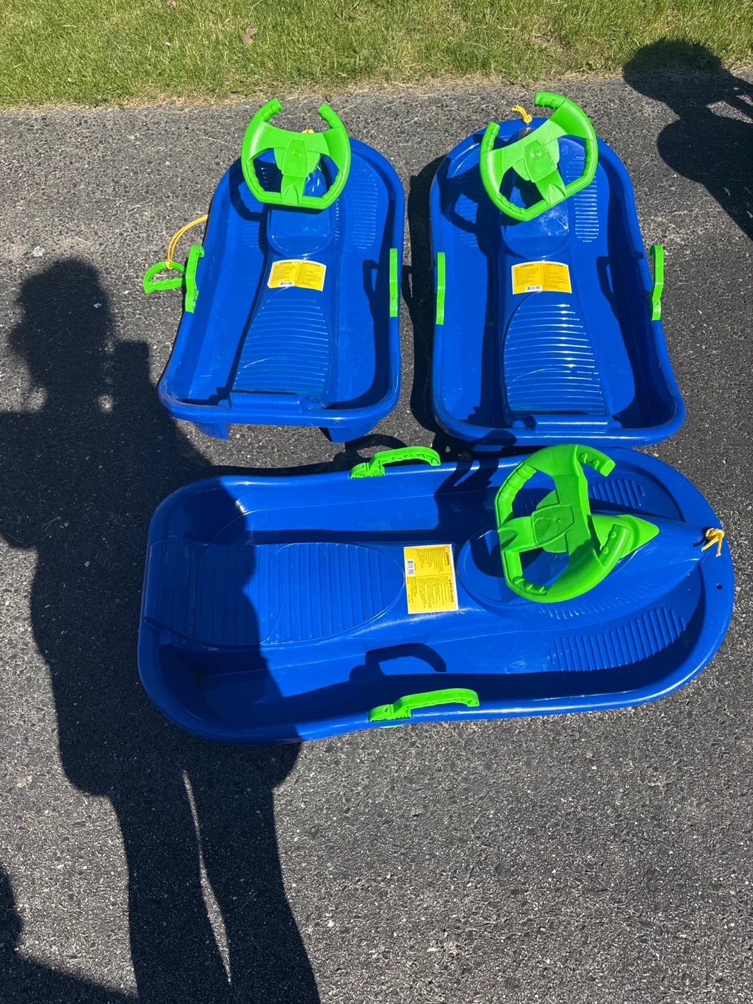 Blue Toboggan Sleds with Steering Wheels (Set of 3)