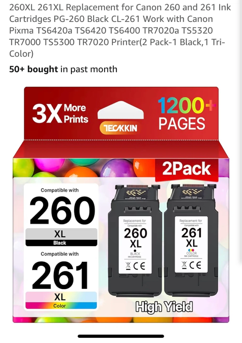 2 Pack 260XL 261XL Ink Cartridges for Canon PG-260 CL-261