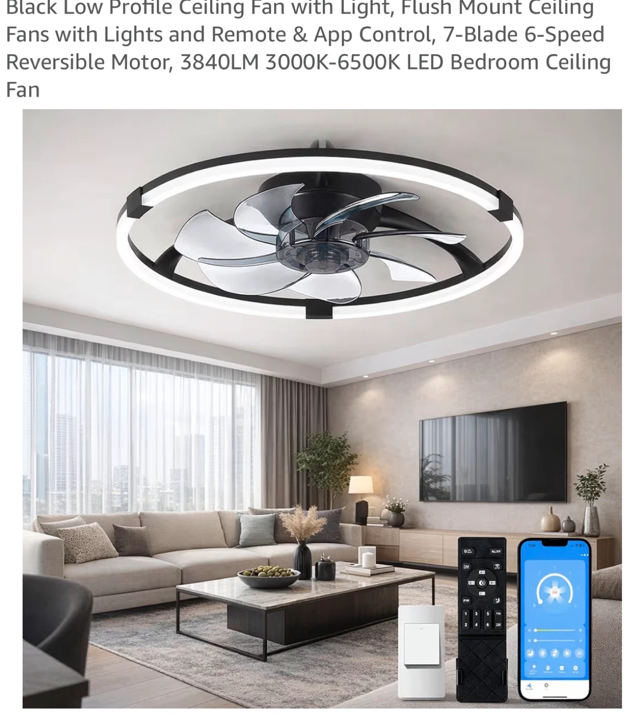 Black Flush Mount Ceiling Fan with Light 19.7" (50CM) LF9