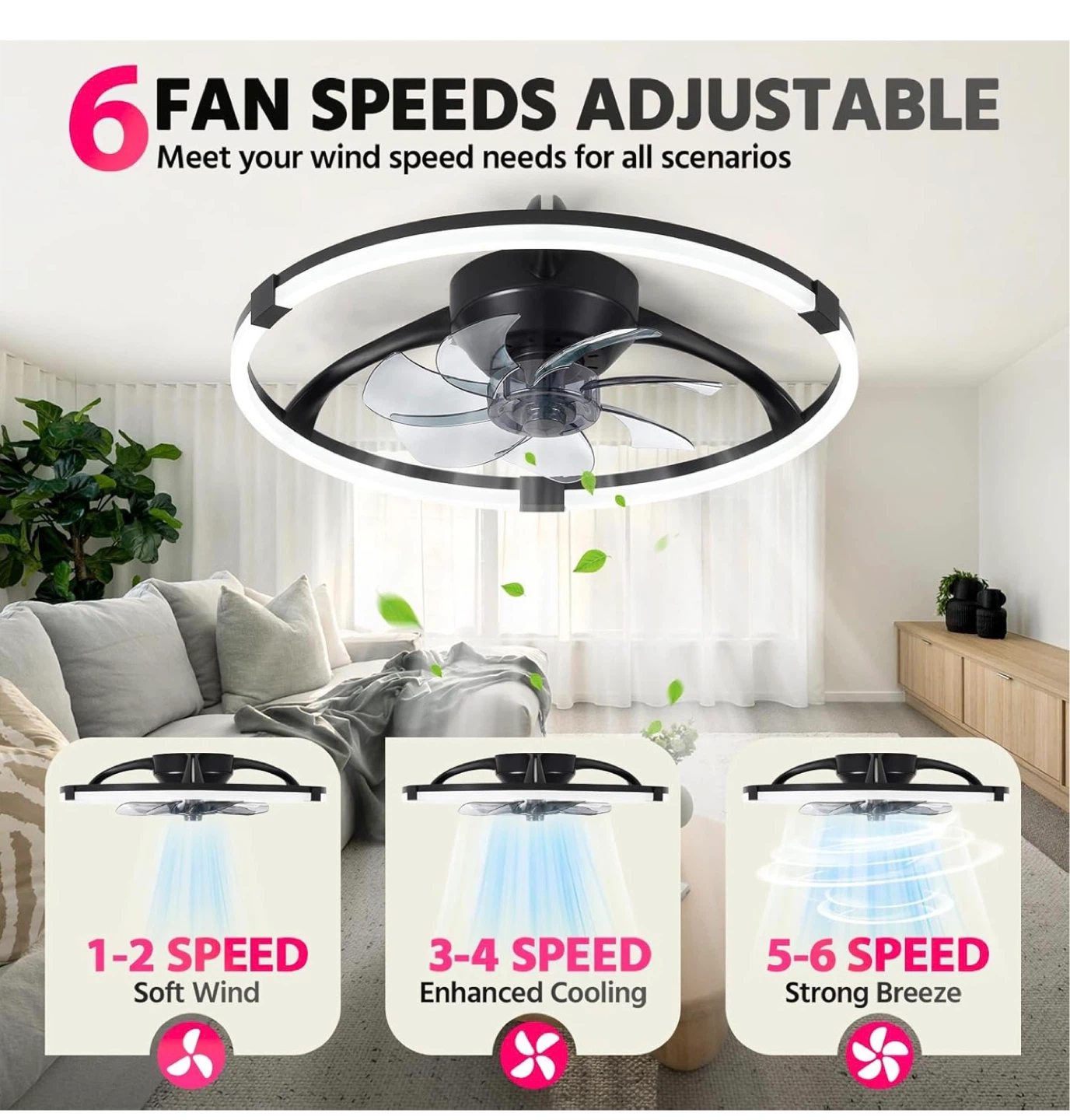 Black Flush Mount Ceiling Fan with Light 19.7" (50CM) LF9 - photo 3