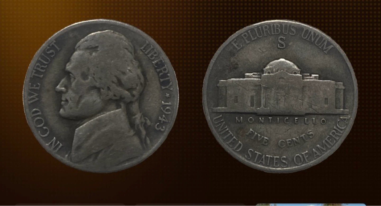1943 Jefferson Nickel Five Cents Coin
