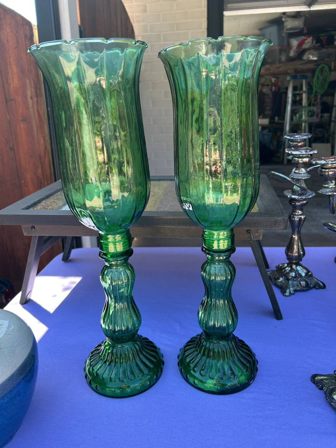 Green Glass Hurricane Candle Holders - Set of 2
