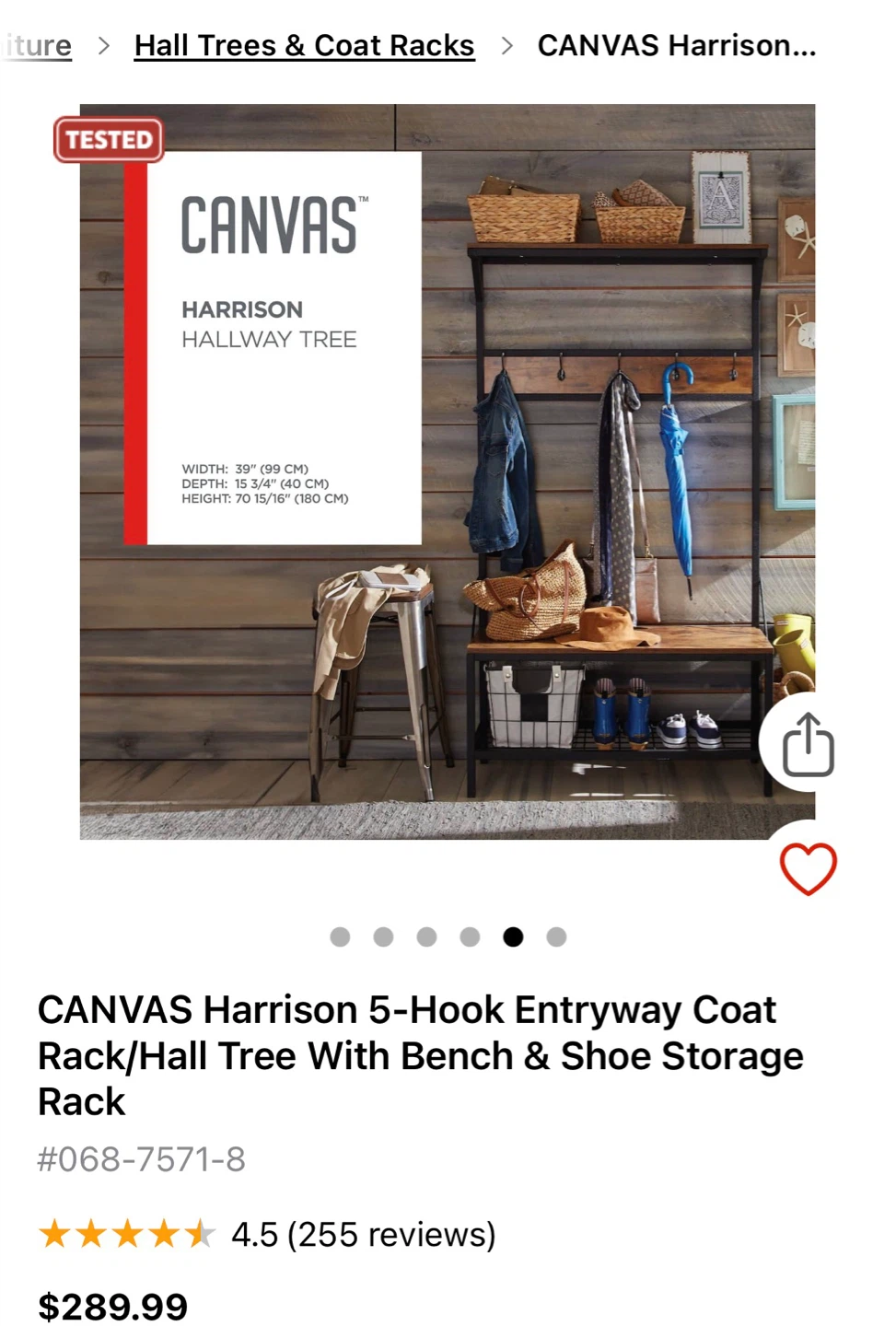 CANVAS Harrison 5-Hook Entryway Coat Rack/Hall Tree With Bench