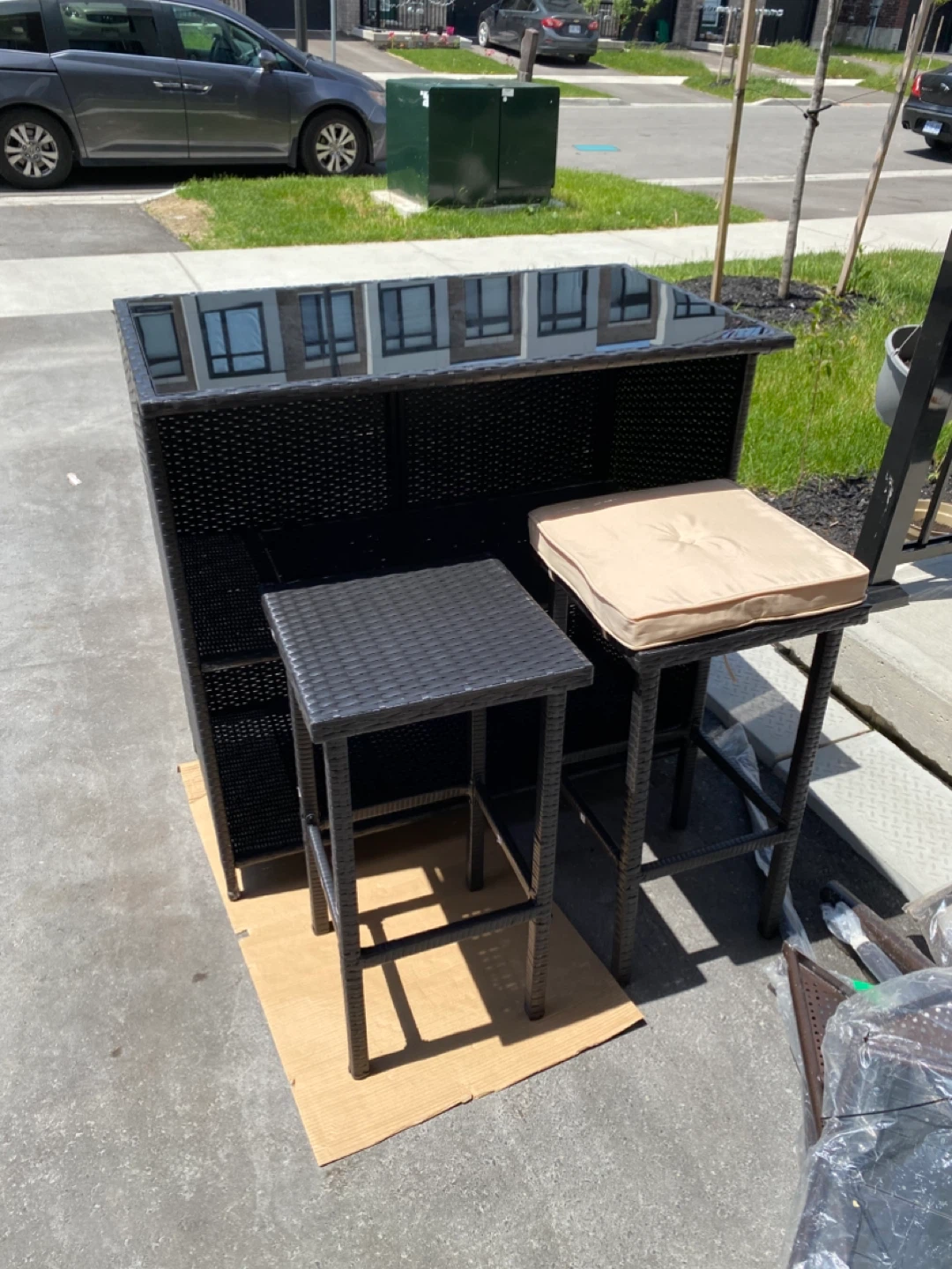 Black Rattan Bar Table with Glass Top and Stool