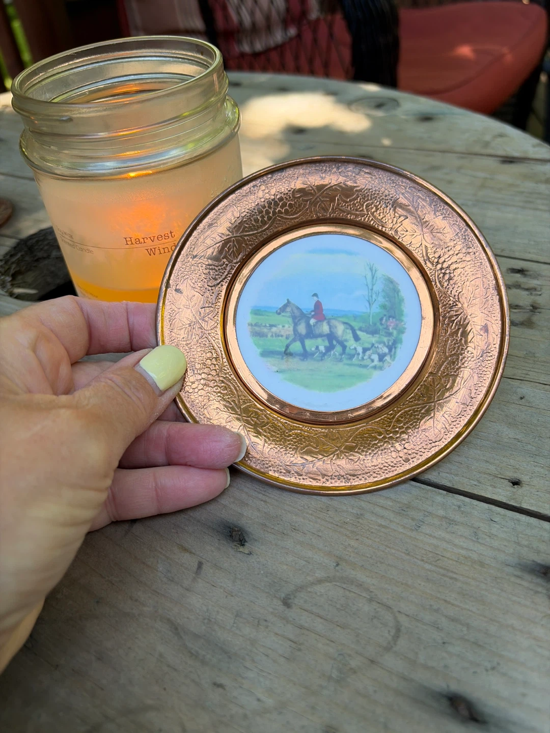 Vintage Copper Plate with Horse and Hounds Scene