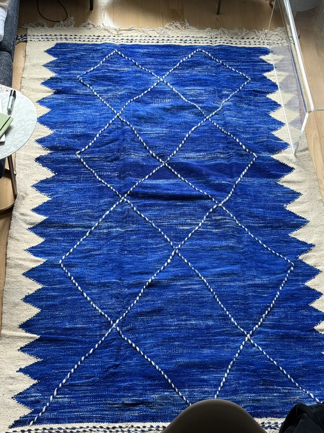 Blue and White Large Diamond Patterned Rug
