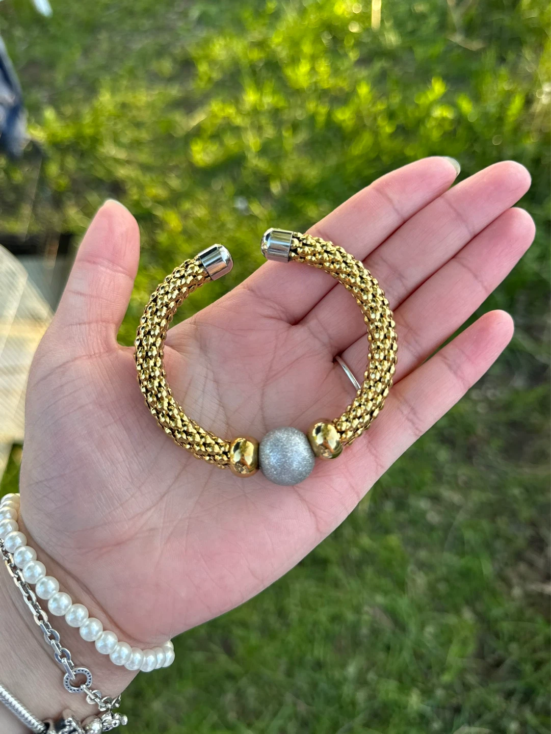 Gold-tone Mesh Cuff Bracelet with Grey Accent Bead