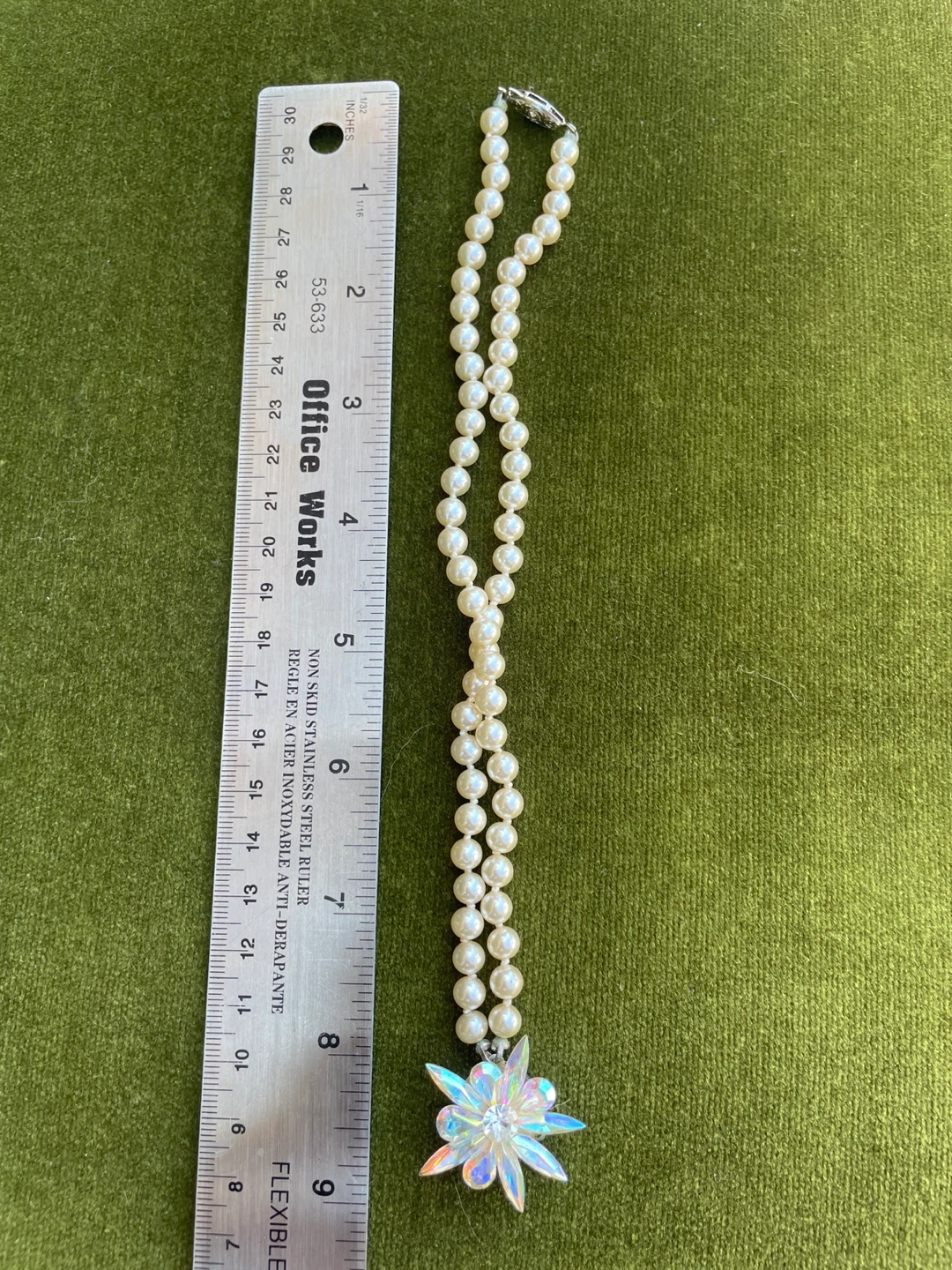 Faux Pearl Necklace with Iridescent Flower Pendant