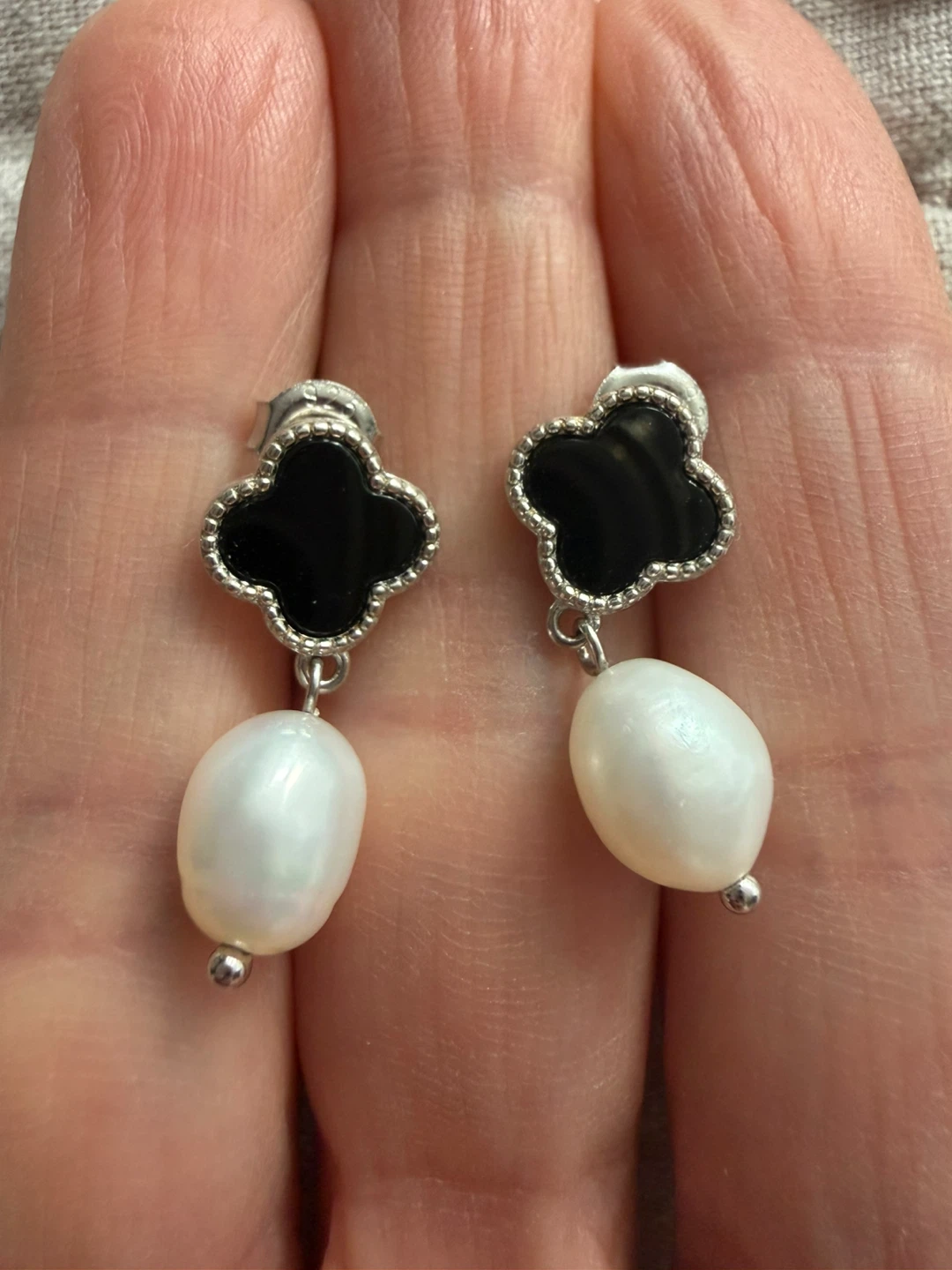 New 925 silver real  onyx pearl earrings