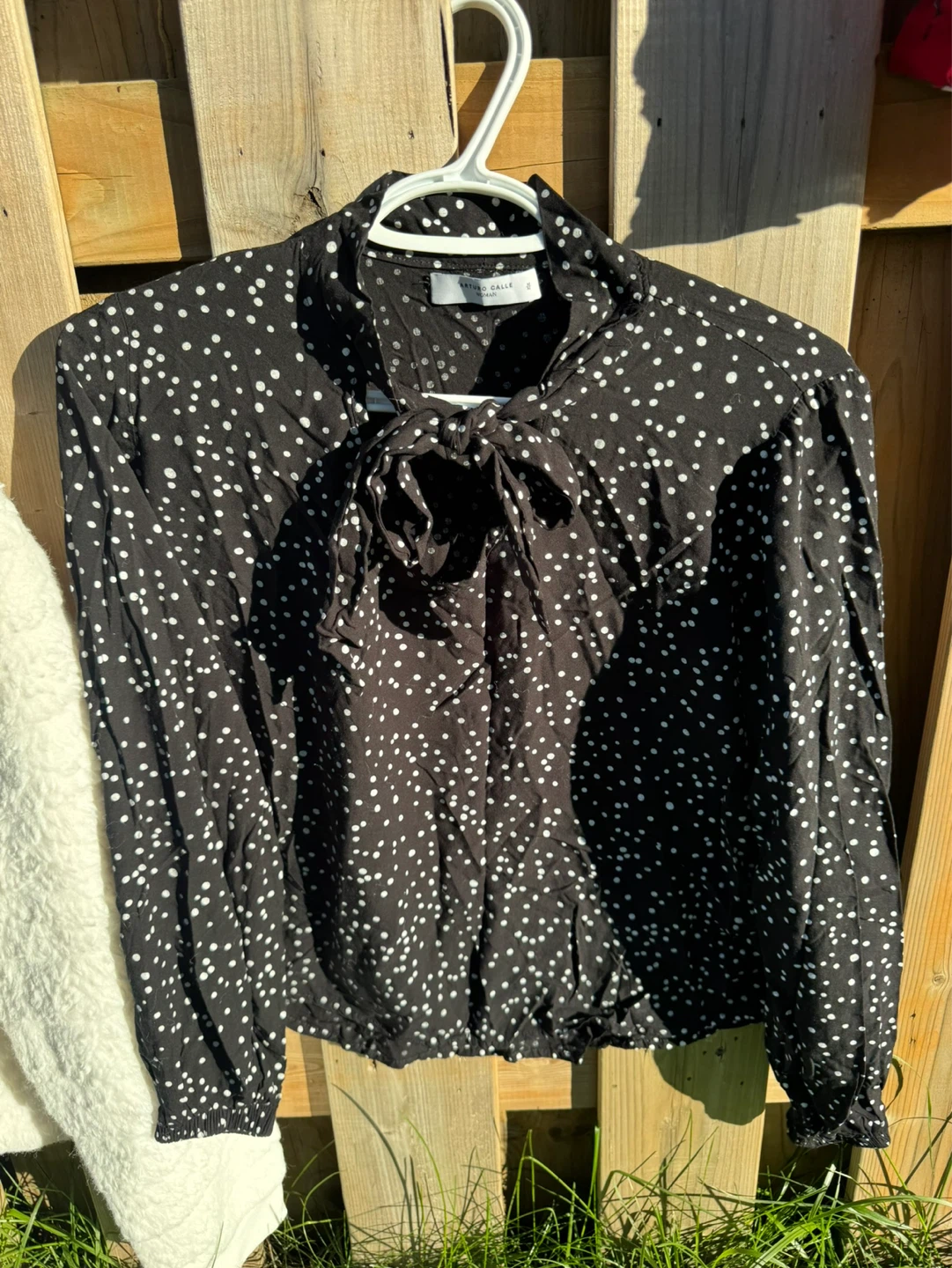 Woman Black Polka Dot Blouse with Bow