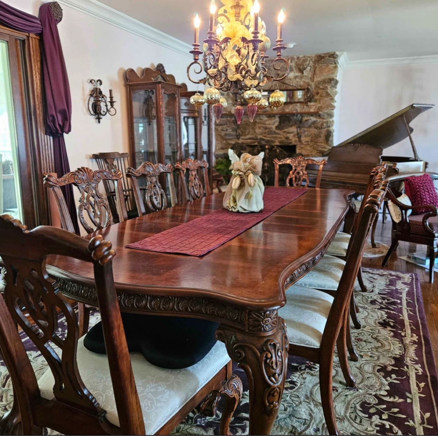 Ornate Carved Wood Dining Table with Parquet Top