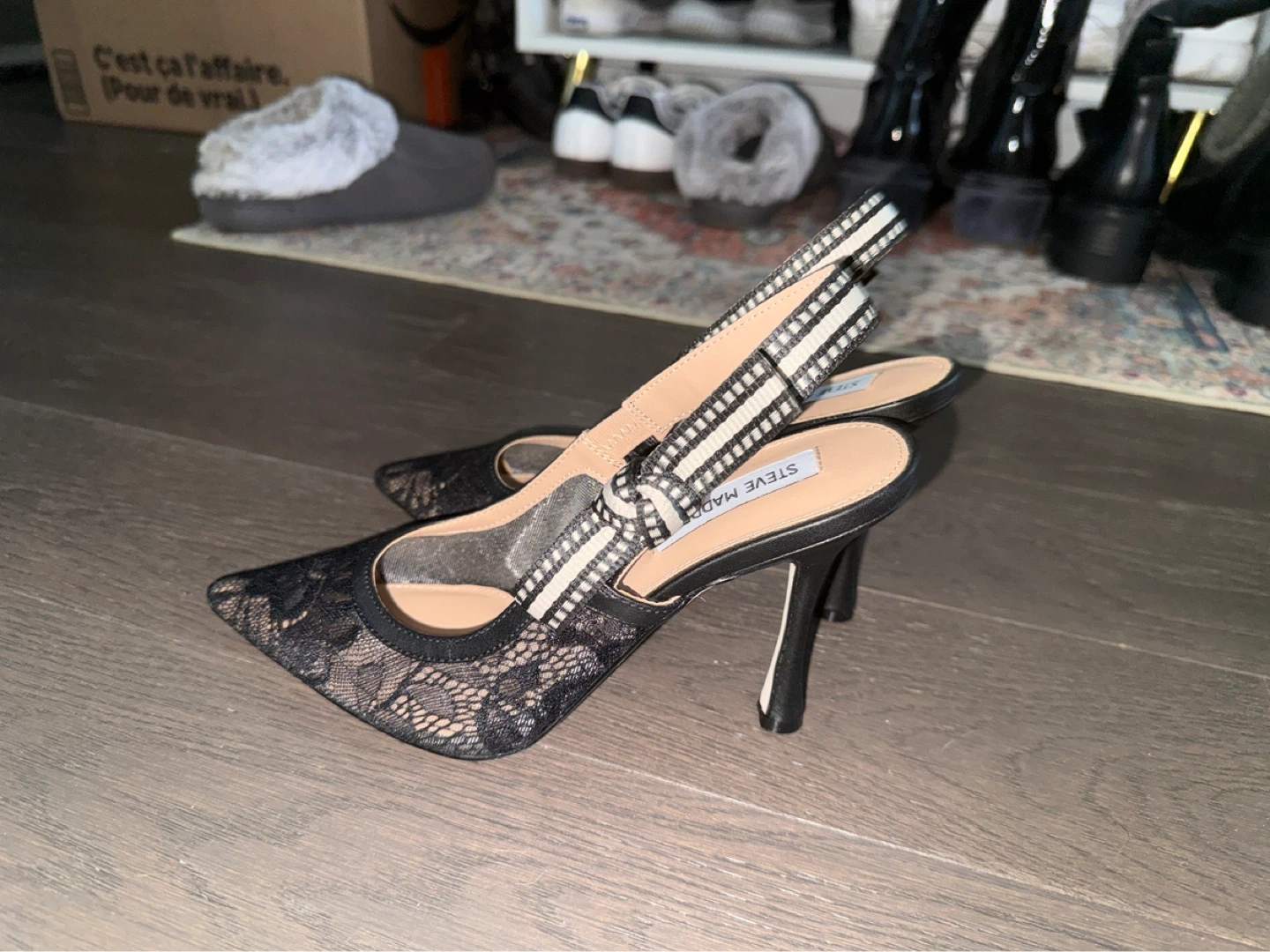 never been used Steve Madden Black Lace Slingback Heels size 8M - photo 2