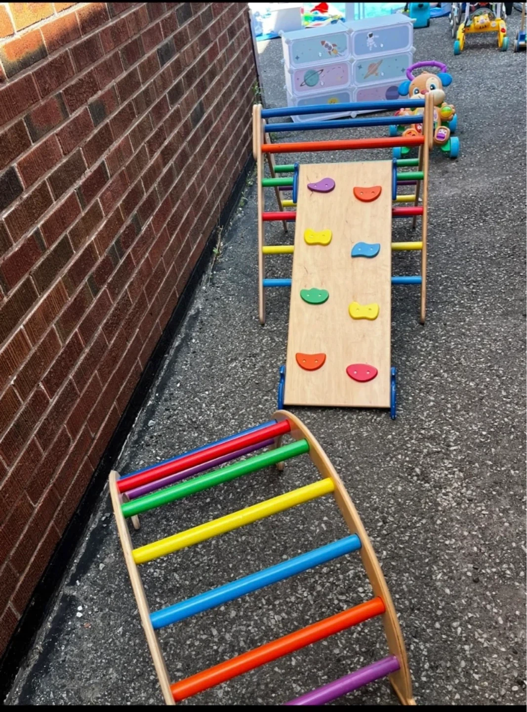 Wooden Pikler Triangle Climber with Rock Climbing Panel