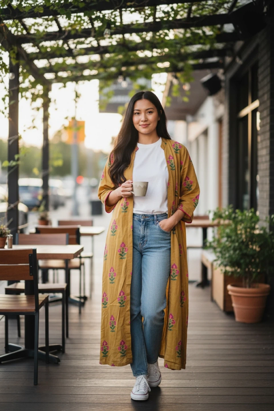 Olive Green Kimono with Pink Floral Print