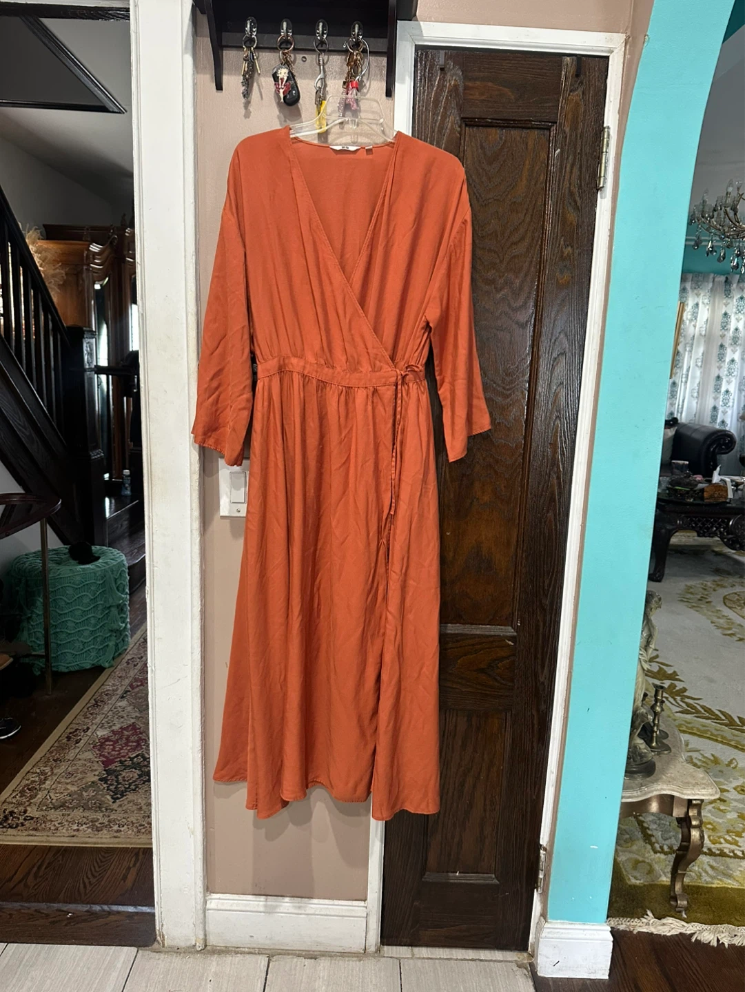 Uniqlo Rust Orange Wrap Midi Dress Size L
