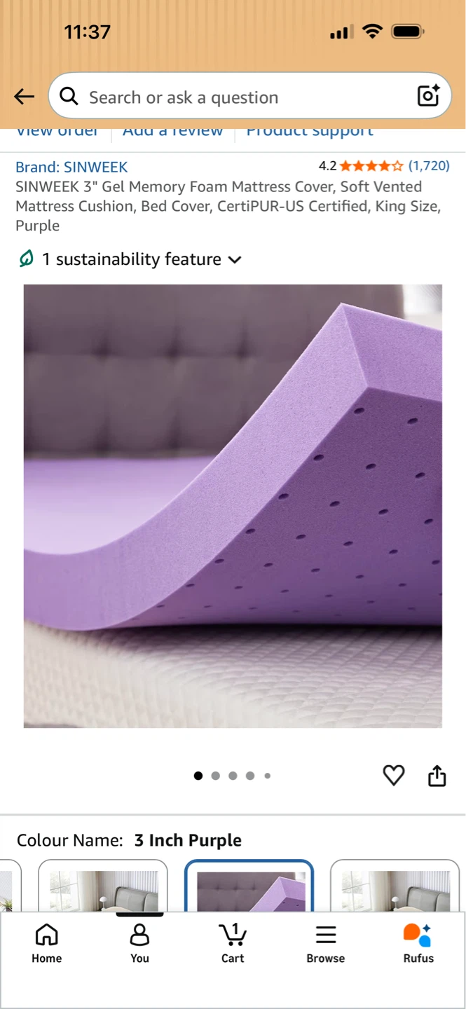 SINWEEK 3" Gel Memory Foam Mattress Topper - King Size, Purple - photo 2