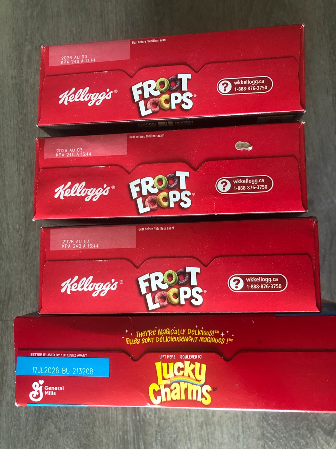 4 boxes Lucky Charms & Froot Loops Family Size Cereals