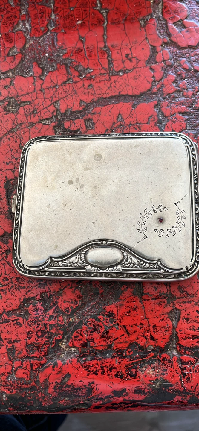 Antique Silver Card Case with red Gem Accent