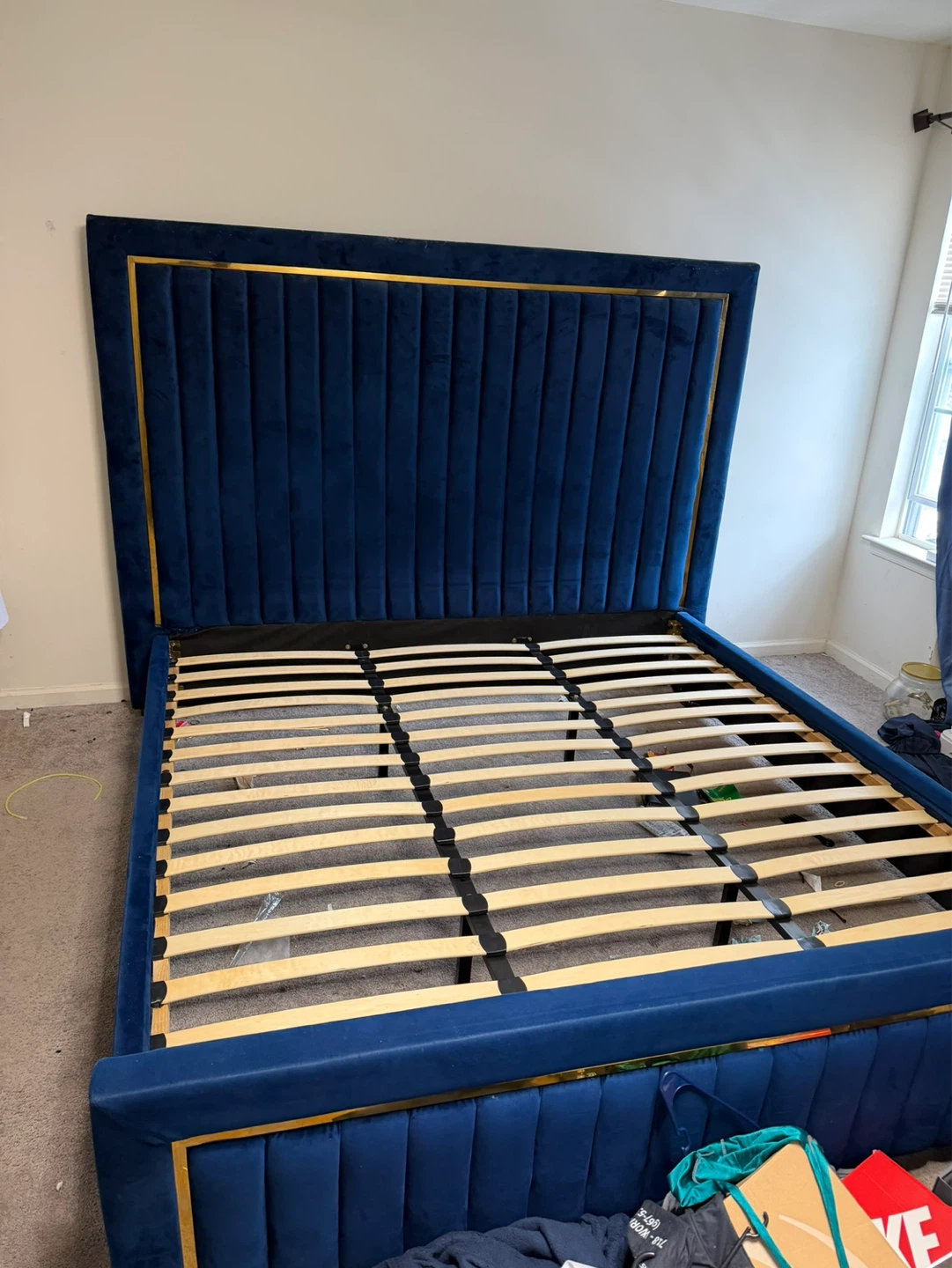 King size bed with Blue Velvet ottoman with 2 foot stools