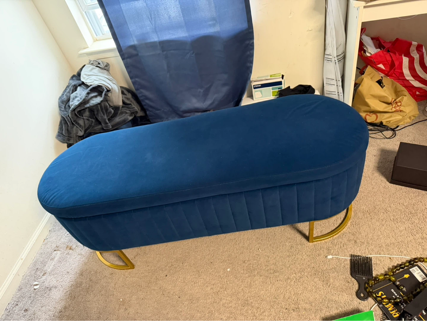 King size bed with Blue Velvet ottoman with 2 foot stools - photo 2