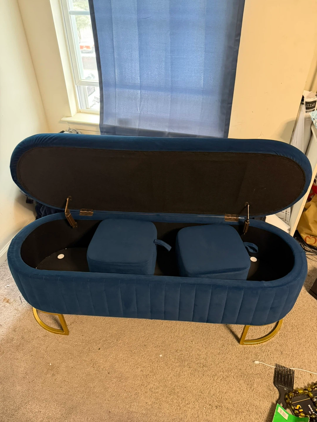 King size bed with Blue Velvet ottoman with 2 foot stools - photo 4