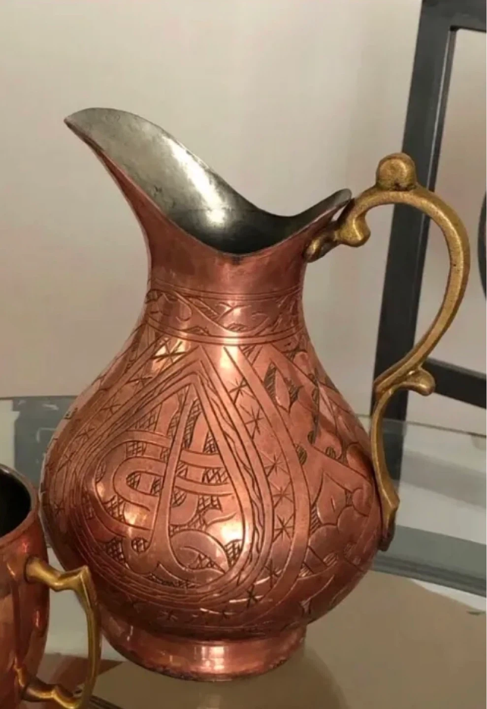 Etched Copper Pitcher with Brass Handle