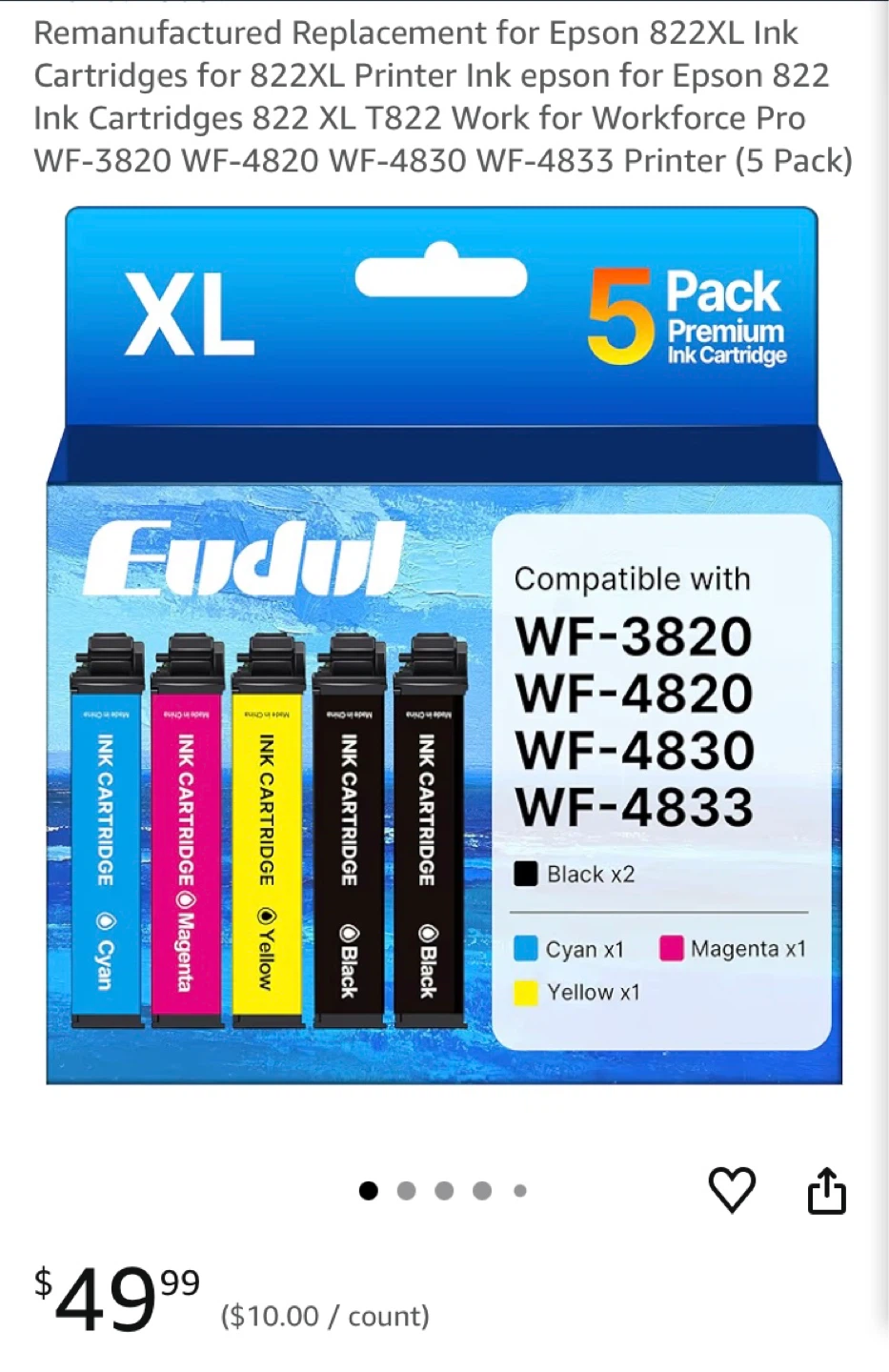 Eudul 822XL Ink Cartridge (5 Pack)