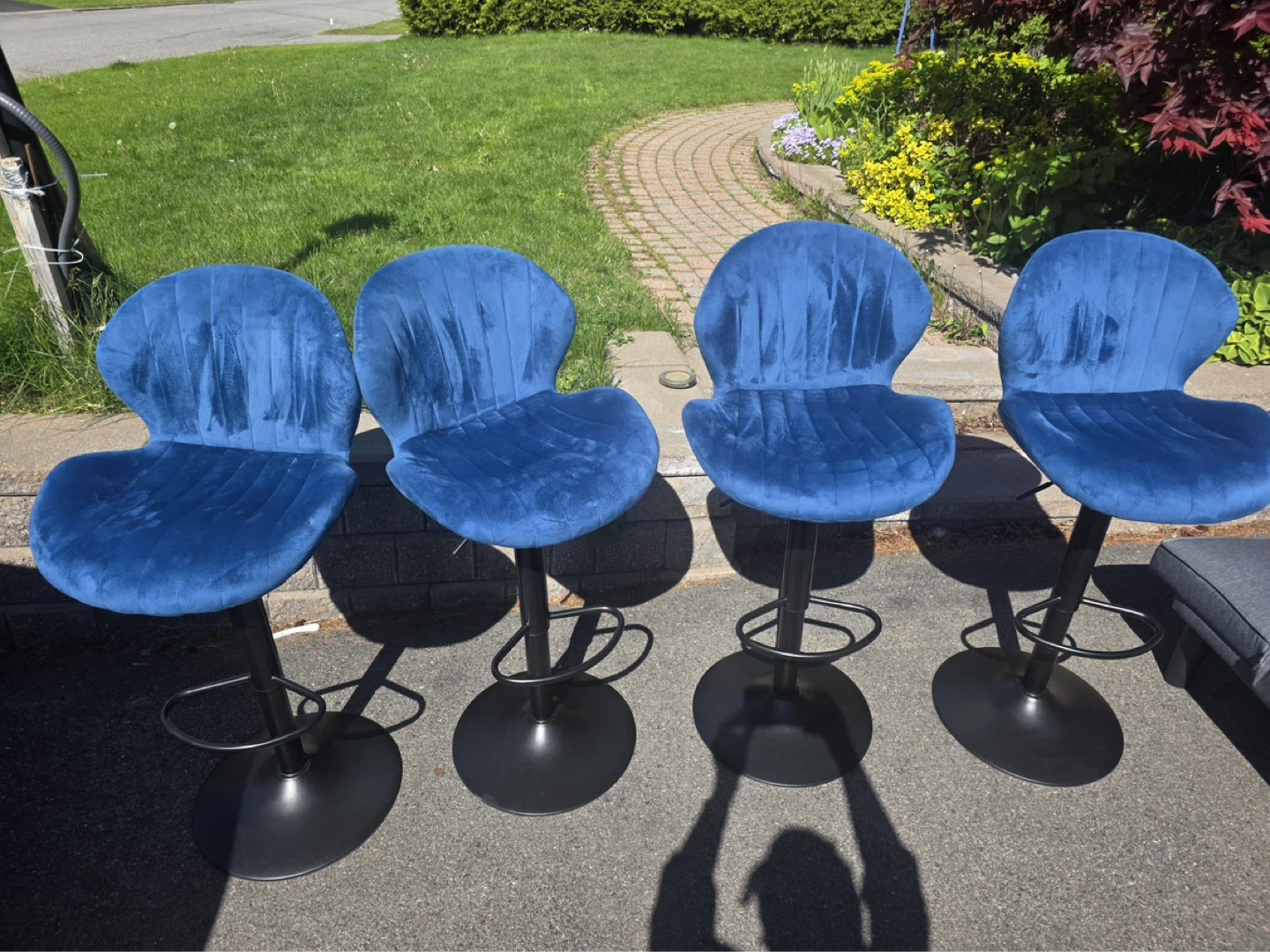 Set of 4 Blue Velvet Bar Stools
