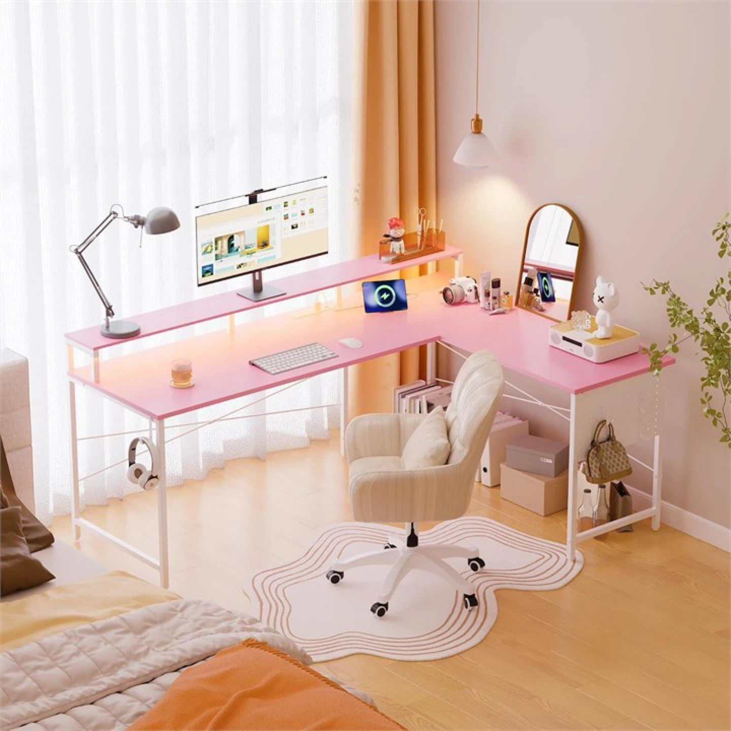 Pink L-Shaped Desk with Shelf - photo 2