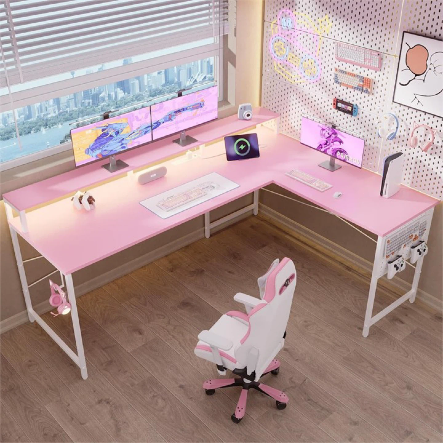 Pink L-Shaped Desk with Shelf