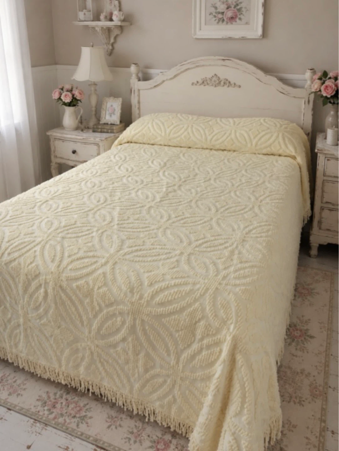 Yellow vintage chenille bedspread with Fringe