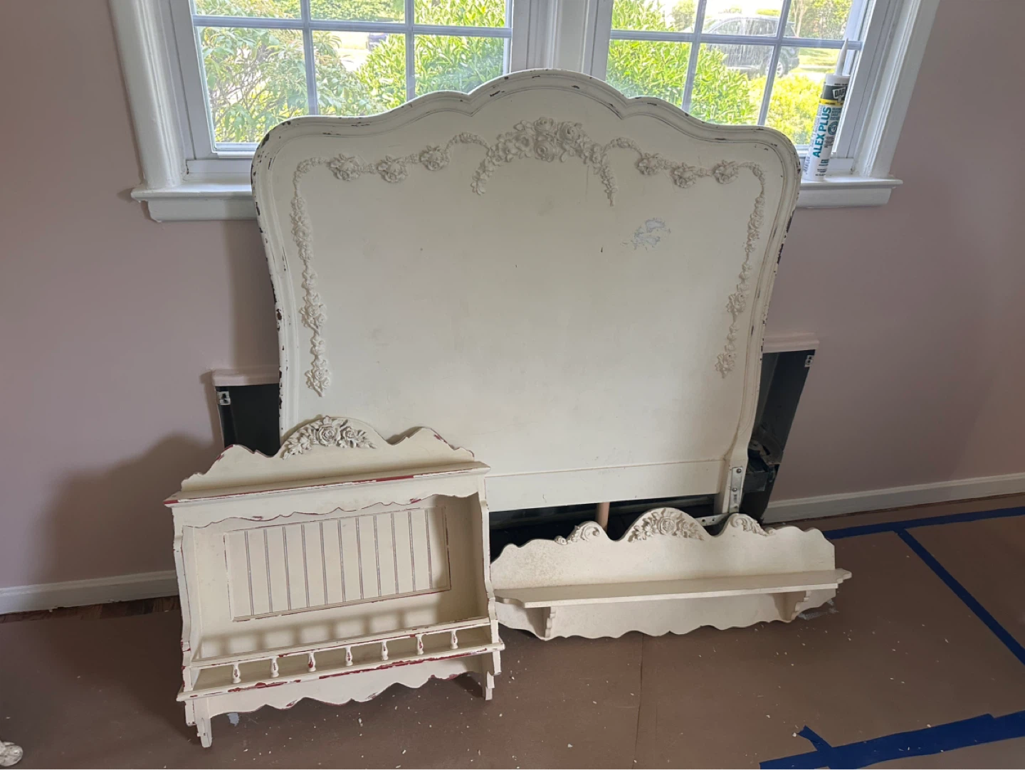 Ornate Vintage Headboard and Shelves Set