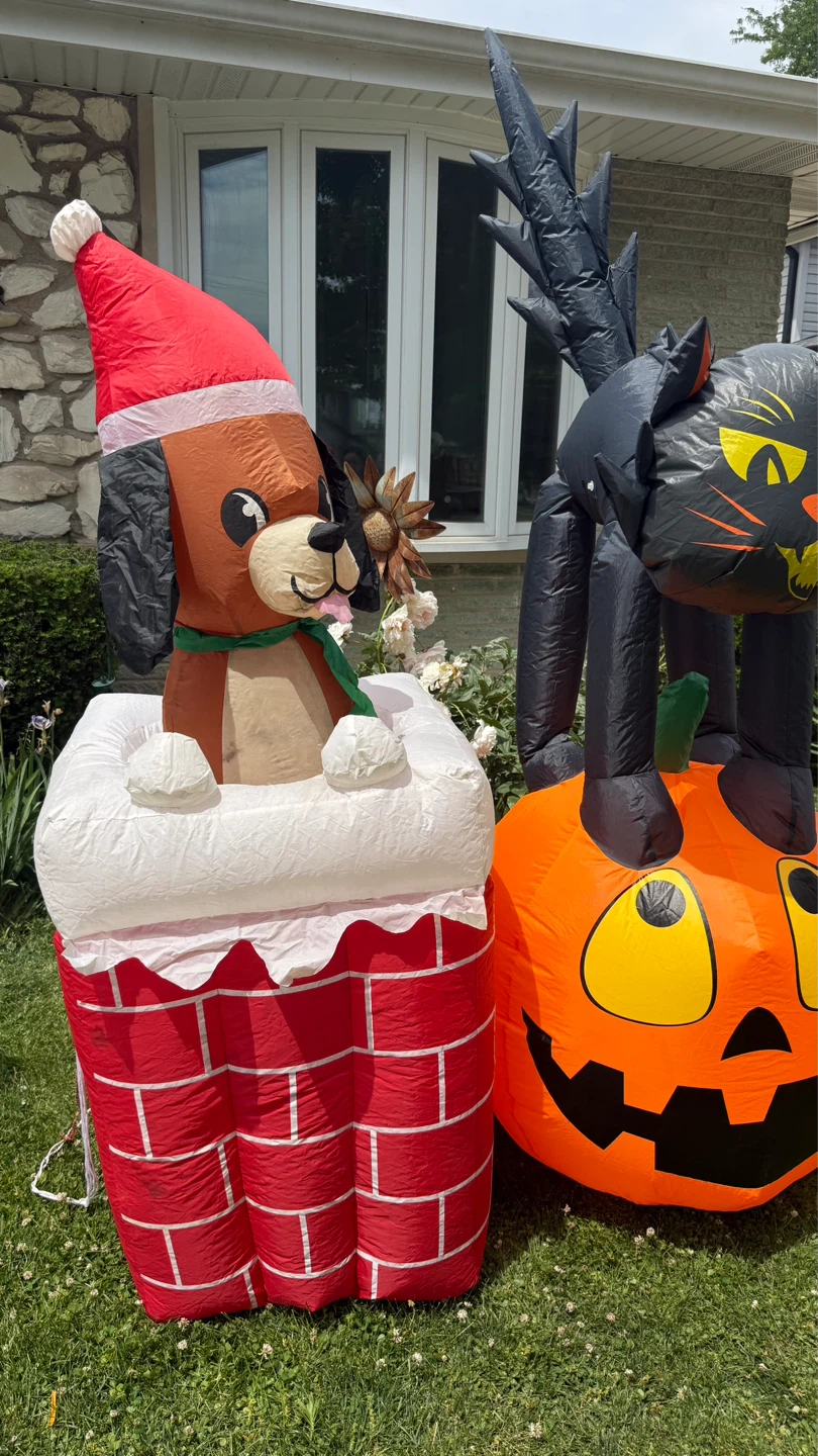 Inflatable Dog in Chimney & Black Cat on Pumpkin Yard Decor - photo 3