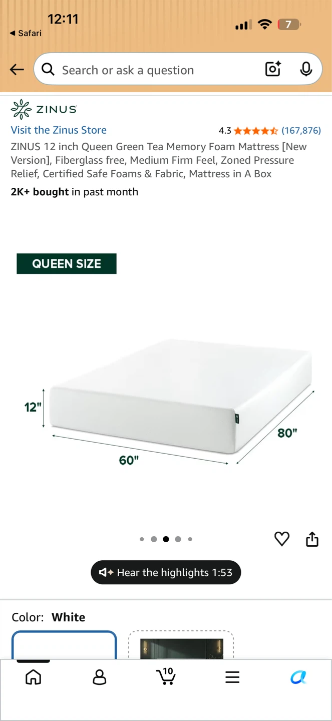 ZINUS 12 inch Queen Green Tea Memory Foam Mattress
