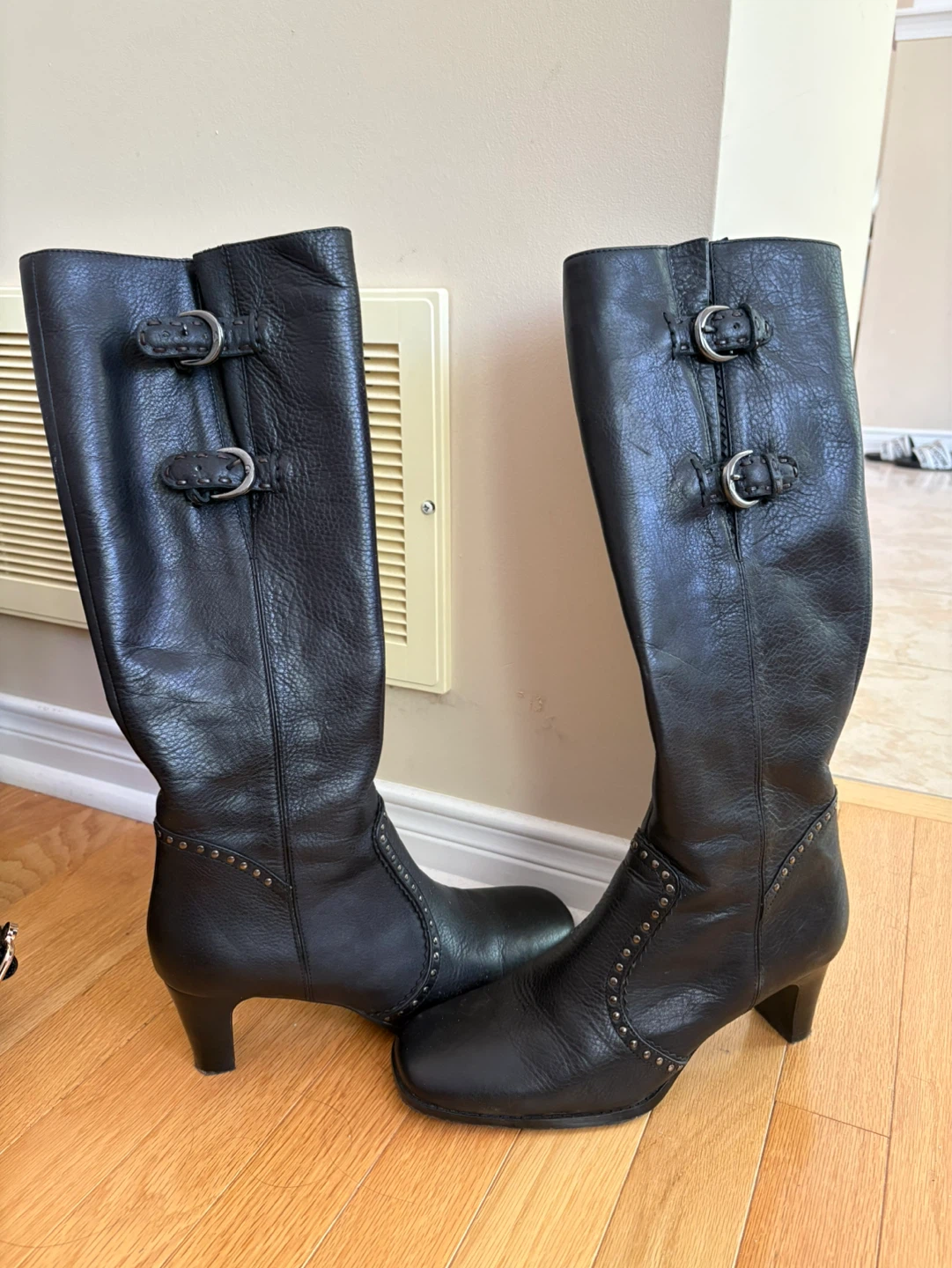 Black Leather Knee-High Boots with Buckle Detail